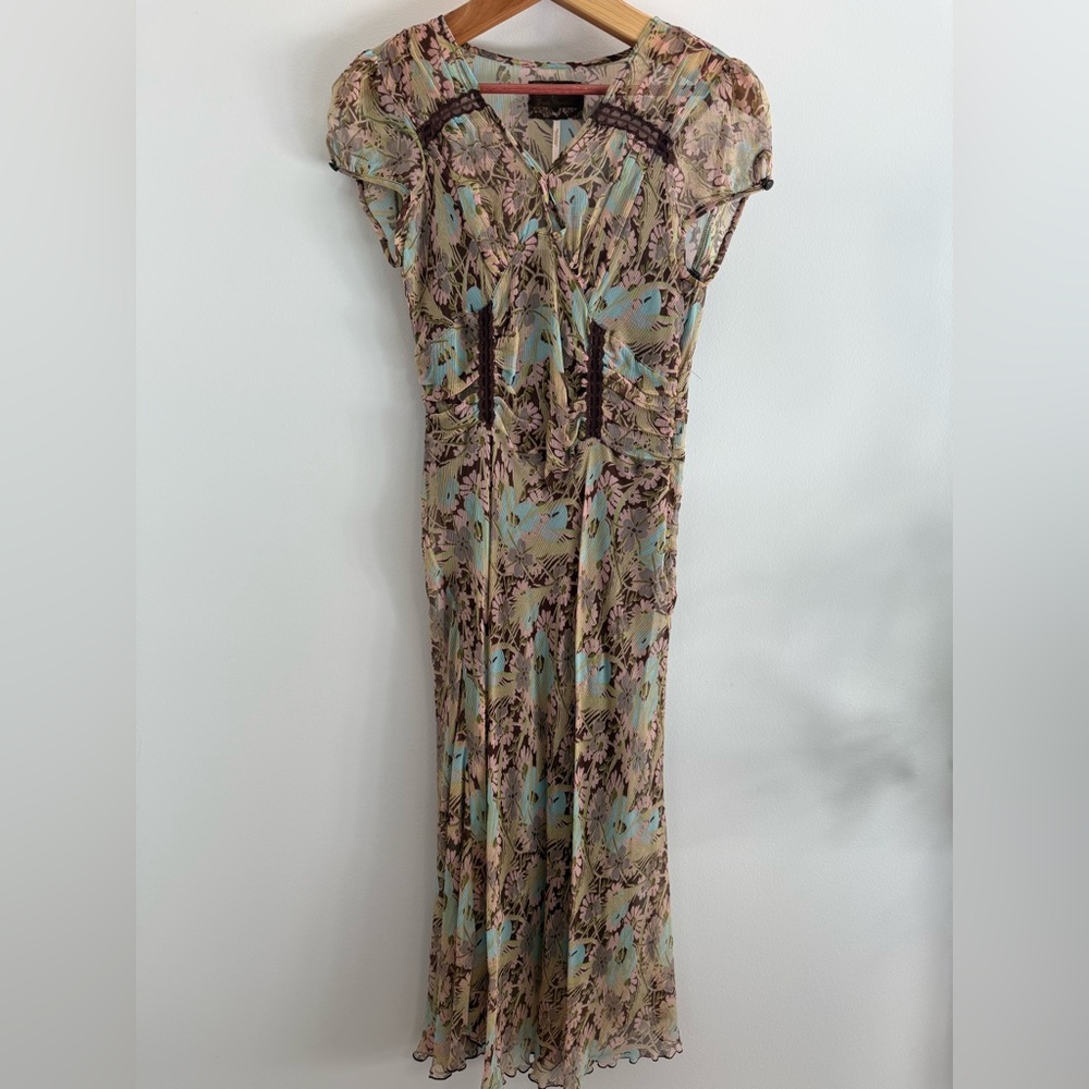 Free People Brown Turquoise & Pink Floral Chiffon Slip Dress